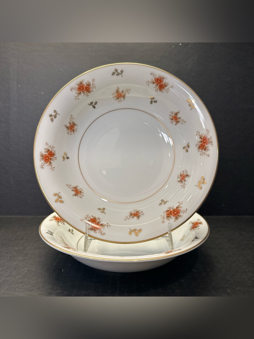 Vintage Noritake 5230 Dulcy Soup Cereal Bowls Pair 7.5" Orange Floral Gold 1930s